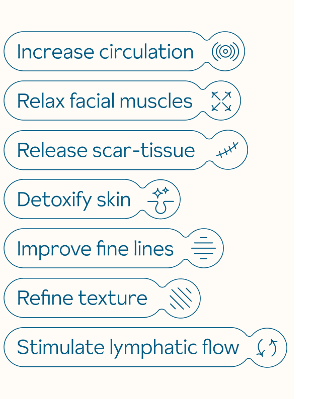 A list of gua sha benefits that consists of blue outlines around blue text in the shape of a skincare ampoule. From top to bottom: increase circulation, relax facial muscles, release scar tissue, detoxify skin, improve fine lines, refiune texture, stimulate lymphatic flow.
