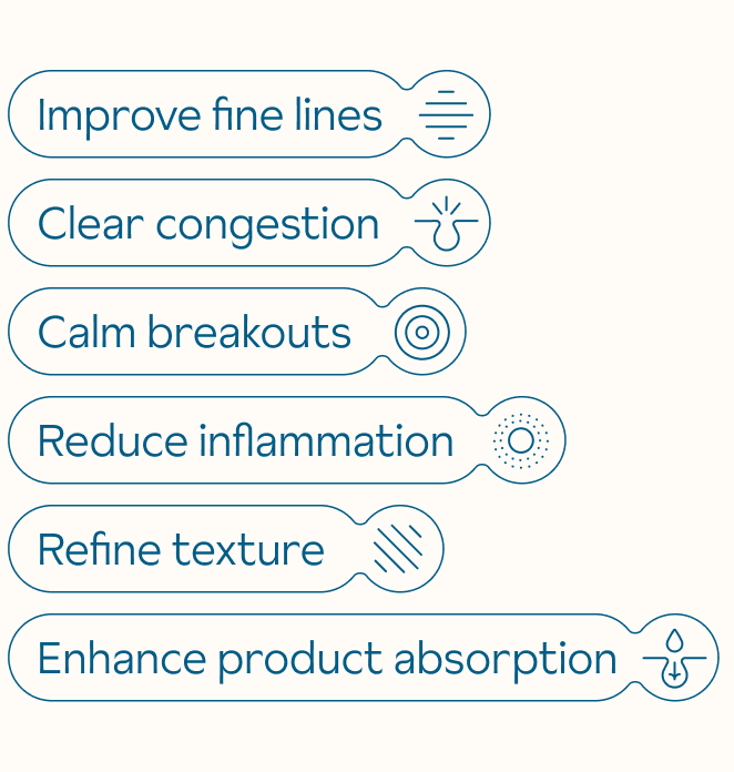 A list of professional peel benefits that consists of blue outlines around blue text in the shape of a skincare ampoule. From top to bottom: improve fine lines, clear congestion, calm breakouts, reduce inflammation, refine texture, enhance product absorption.