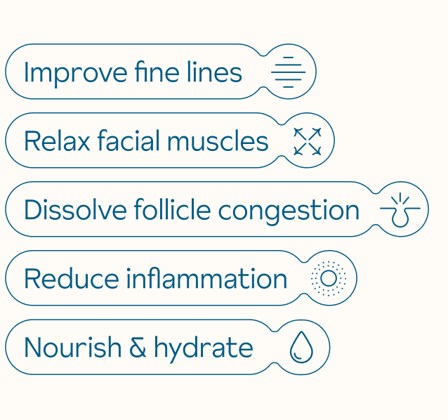 A list of soothing scalp revival benefits that consists of blue outlines around blue text in the shape of a skincare ampoule. From top to bottom: improve fine lines, relax facial muscles, dissolve follicle congestion, reduce inflammation, nourish and hydrate.